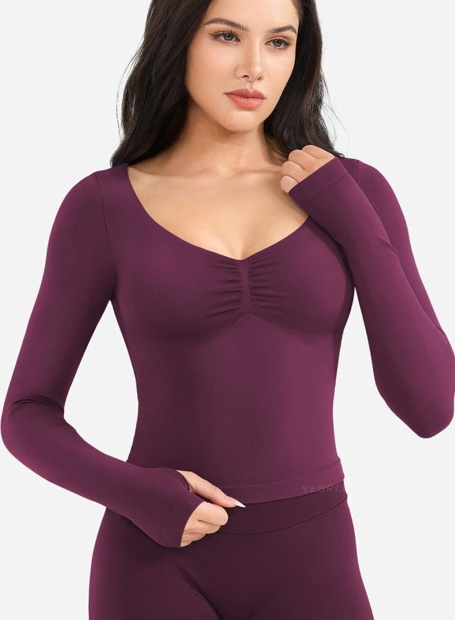 YEOREO Long Sleeve Workout Tops for Women Padded Deep V Neck Double Lined Impact Tops Agniee Slim Fit Gym Athletic Shirts, Black Cherry, XL - Image 3
