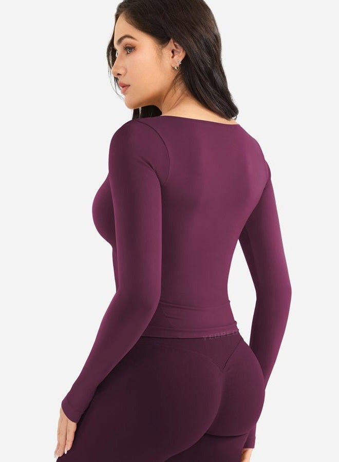 YEOREO Long Sleeve Workout Tops for Women Padded Deep V Neck Double Lined Impact Tops Agniee Slim Fit Gym Athletic Shirts, Black Cherry, XL - Image 2