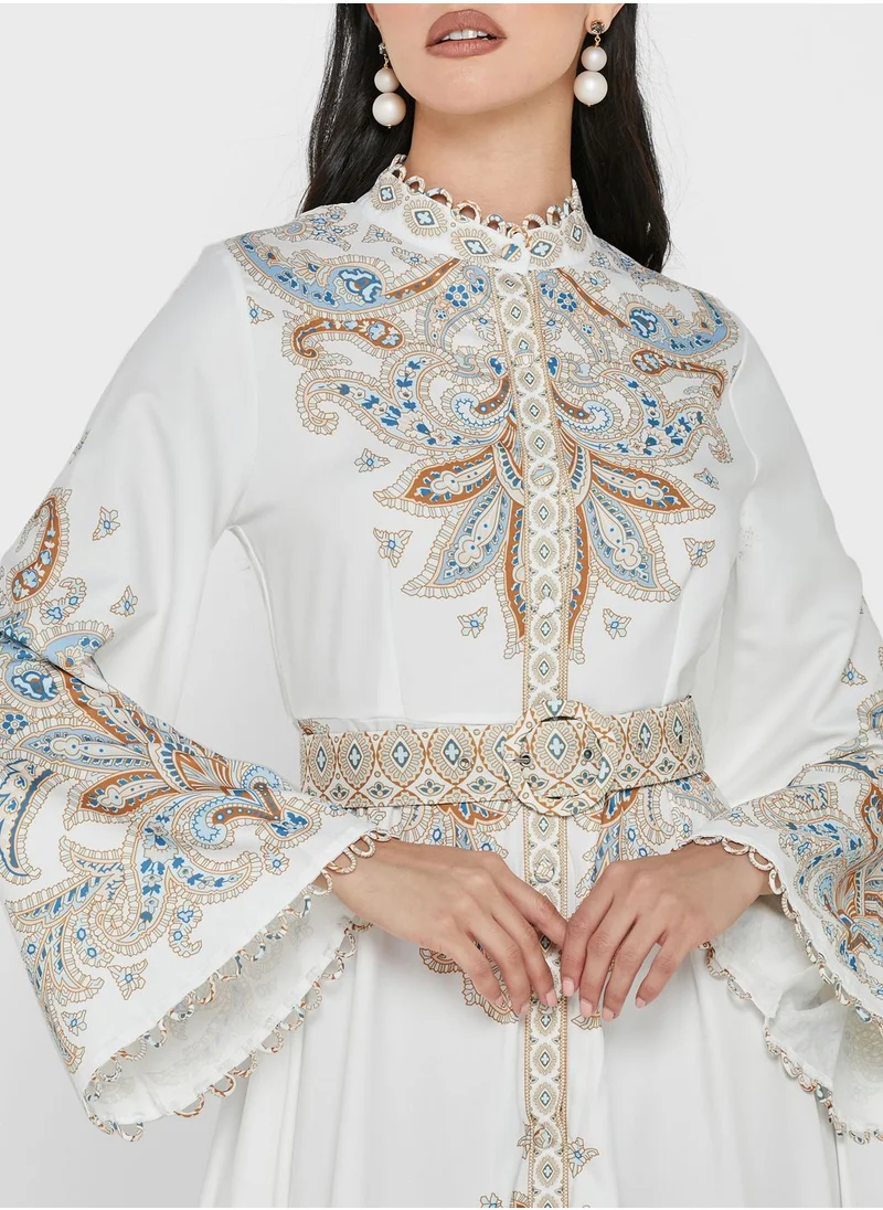 Khizana Bell Sleeve Printed Belted Dress