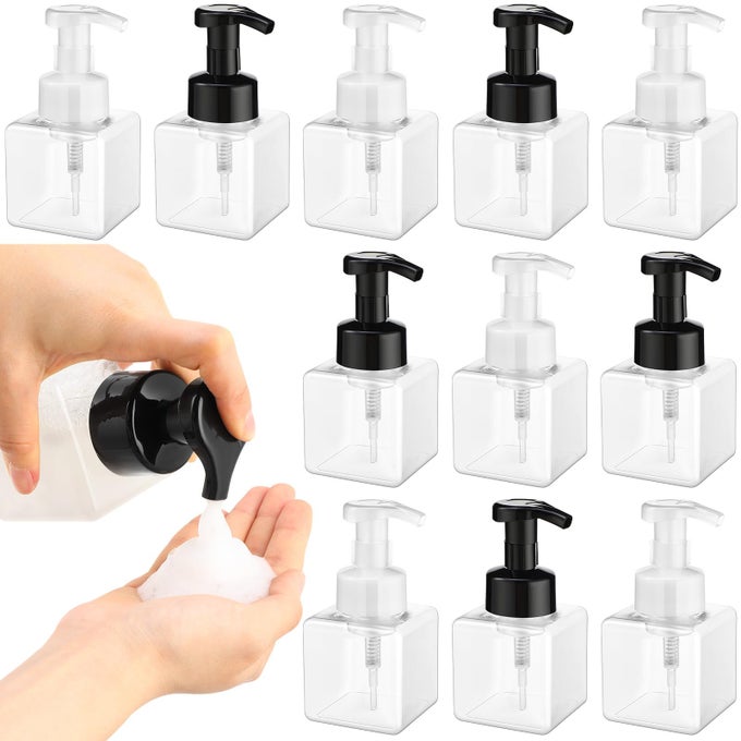 12 PCS FOAM PUMP BOTTLE FOAMING SOAP DISPENSER EMPTY TRAVEL FOAMING DISPENSER 85 OZ REFILLABLE HAND SOAP PLASTIC PUMP BOTTLE TRAVEL CLEAR CONTAINER FOR BATHROOM VANITIES BLACKWHITE