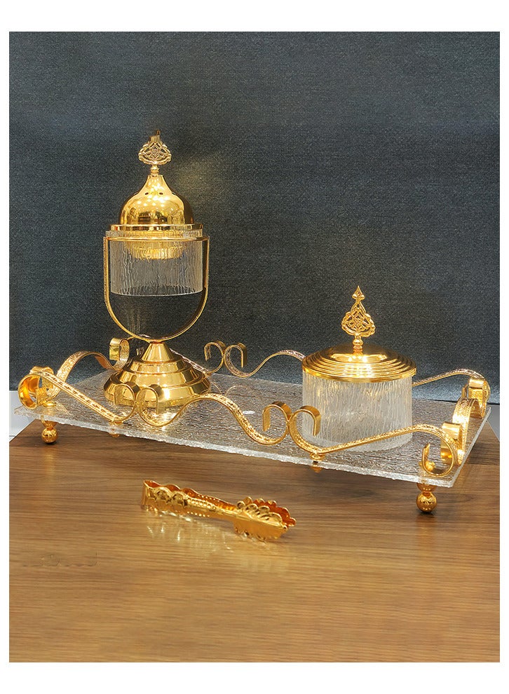 طقم مبخرة فاخرة ذات تصميم عصري وراقي من قطعتين شفاف/ذهبي - Image 2
