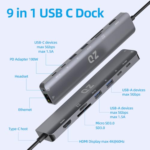 QZ [4K 60Hz, 9 in 1] QZ USB-C Hub with HDMI 4K 60Hz, USB Type C Dock, Laptop Docking Station Power Delivery Ethernet (Supports Nintendo Switch) Audio for PC Laptop Phones Office Work Stations [Aluminum] - Image 3