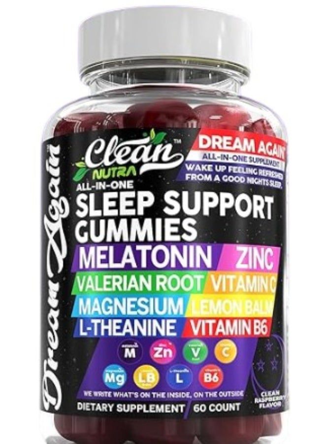 Clean Nutraceuticals Sleep Aid Melatonin Gummies | Valerian Root L-Theanine Vitamin B6 C Lemon Balm Magnesium Hibiscus Beta Carotene Saffron & Chamomile Rest Support Supplement Raspberry Flavor Dream Again by Clean Nutra - Image 1