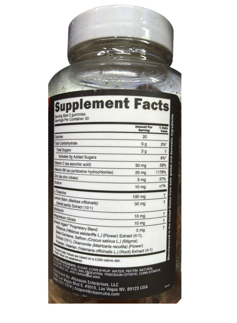 Clean Nutraceuticals Sleep Aid Melatonin Gummies | Valerian Root L-Theanine Vitamin B6 C Lemon Balm Magnesium Hibiscus Beta Carotene Saffron & Chamomile Rest Support Supplement Raspberry Flavor Dream Again by Clean Nutra - Image 3