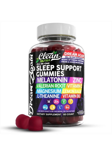 Sleep Aid Melatonin Gummies | Valerian Root L-Theanine Vitamin B6 C Lemon Balm Magnesium Hibiscus Beta Carotene Saffron & Chamomile Rest Support Supplement Raspberry Flavor Dream Again by Clean Nutra