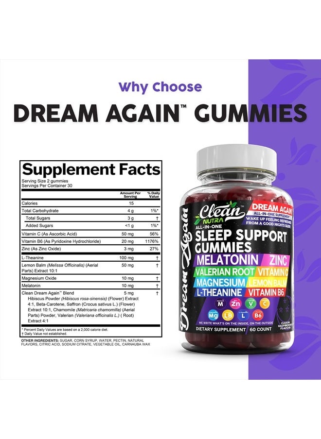 Sleep Aid Melatonin Gummies | Valerian Root L-Theanine Vitamin B6 C Lemon Balm Magnesium Hibiscus Beta Carotene Saffron & Chamomile Rest Support Supplement Raspberry Flavor Dream Again by Clean Nutra