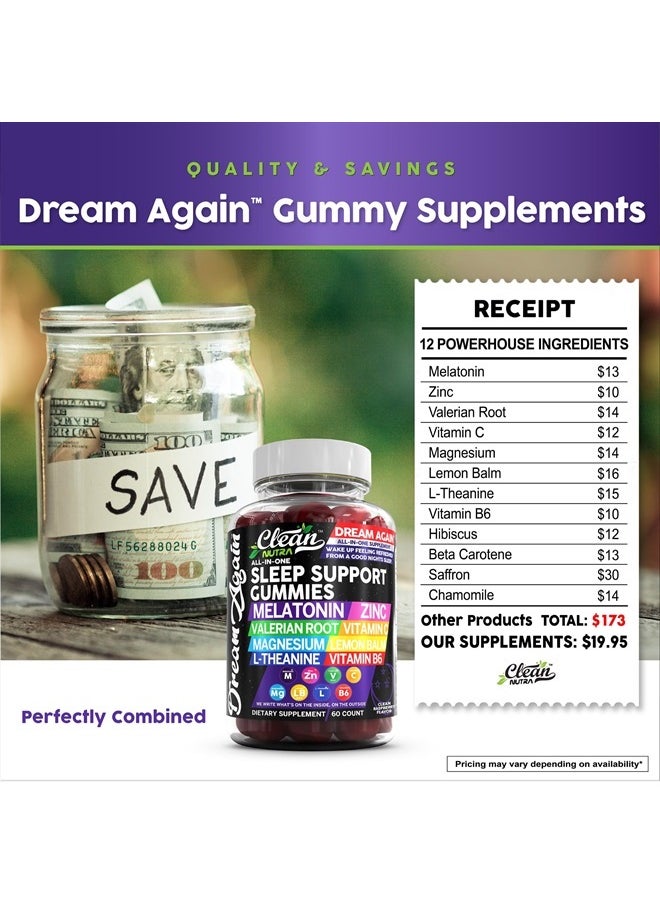 Sleep Aid Melatonin Gummies | Valerian Root L-Theanine Vitamin B6 C Lemon Balm Magnesium Hibiscus Beta Carotene Saffron & Chamomile Rest Support Supplement Raspberry Flavor Dream Again by Clean Nutra
