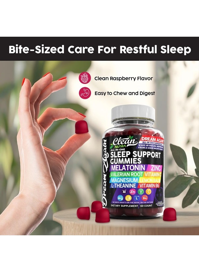 Sleep Aid Melatonin Gummies | Valerian Root L-Theanine Vitamin B6 C Lemon Balm Magnesium Hibiscus Beta Carotene Saffron & Chamomile Rest Support Supplement Raspberry Flavor Dream Again by Clean Nutra