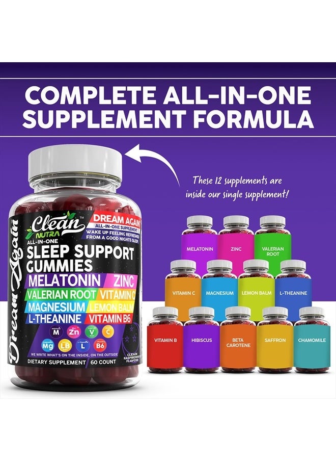 Sleep Aid Melatonin Gummies | Valerian Root L-Theanine Vitamin B6 C Lemon Balm Magnesium Hibiscus Beta Carotene Saffron & Chamomile Rest Support Supplement Raspberry Flavor Dream Again by Clean Nutra