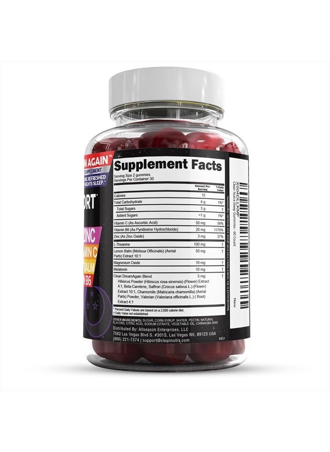 Sleep Aid Melatonin Gummies | Valerian Root L-Theanine Vitamin B6 C Lemon Balm Magnesium Hibiscus Beta Carotene Saffron & Chamomile Rest Support Supplement Raspberry Flavor Dream Again by Clean Nutra