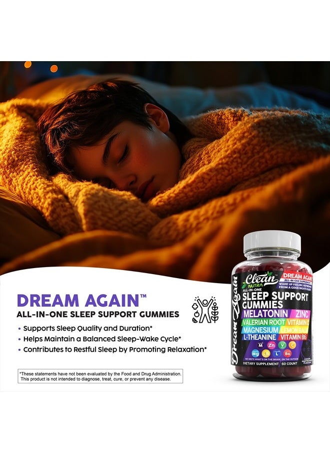 Sleep Aid Melatonin Gummies | Valerian Root L-Theanine Vitamin B6 C Lemon Balm Magnesium Hibiscus Beta Carotene Saffron & Chamomile Rest Support Supplement Raspberry Flavor Dream Again by Clean Nutra