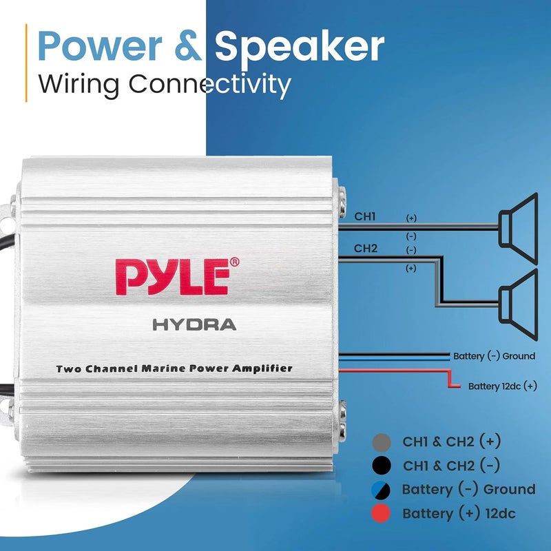 Pyle Hydra Marine Amplifier - Upgraded Elite Series 400 Watt 2 Channel Micro Amplifier - Waterproof, GAIN Level Controls, RCA Stereo Input, 3.5mm Jack & Volume Control (PLMRMP1A) - Image 3