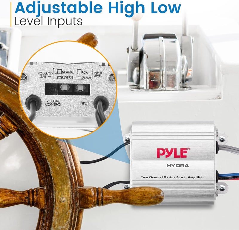 Pyle Hydra Marine Amplifier - Upgraded Elite Series 400 Watt 2 Channel Micro Amplifier - Waterproof, GAIN Level Controls, RCA Stereo Input, 3.5mm Jack & Volume Control (PLMRMP1A) - Image 5