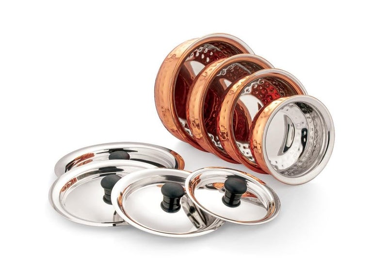 Dynore Stainless Steel Copper Plated Hammered Finish Handi Set with SS lid- Set of 4 for Serving & Cooking - Image 2