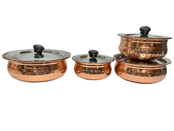 Dynore Stainless Steel Copper Plated Hammered Finish Handi Set with SS lid- Set of 4 for Serving & Cooking - Image 4