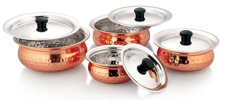 Dynore Stainless Steel Copper Plated Hammered Finish Handi Set with SS lid- Set of 4 for Serving & Cooking - Image 1