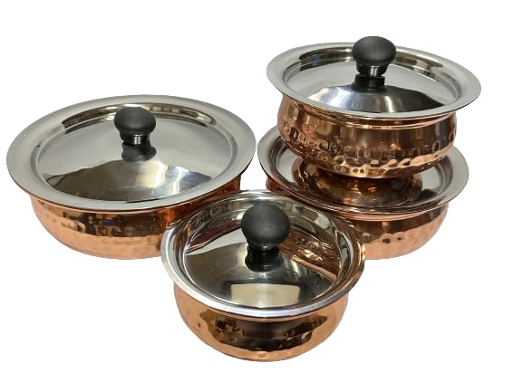 Dynore Stainless Steel Copper Plated Hammered Finish Handi Set with SS lid- Set of 4 for Serving & Cooking - Image 3