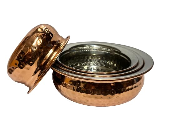 Dynore Stainless Steel Copper Plated Hammered Finish Handi Set with SS lid- Set of 4 for Serving & Cooking - Image 5
