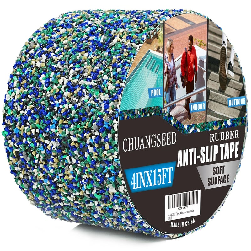 شريط مطاطي أزرق مانع للانزلاق يوفر احتكاكًا وثباتًا فائقين. مثالي لتثبيت درجات السلالم، وحمامات السباحة، والممرات، والحمامات، والسلالم الخشبية (عرض 4 بوصات × طول 16.4 قدمًا).