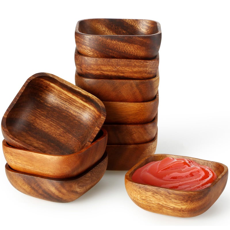 FillTouch 10 Pcs Natural Acacia Wooden Bowl Small Square Wood Serving Bowl 4 x 4 x 1.6 Inch Handmade Calabash Dessert - Image 1