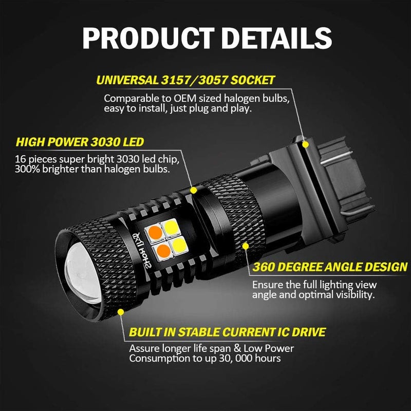 AUXLIGHT 3157 3057 4157 3155 3457 Switchback LED Bulbs 16SMD Chipsets Parking Lights/Daytime Running Lights/DRL and Turn Signal Lights with Projector replacement, White/Amber (Pack of 2) - Image 3
