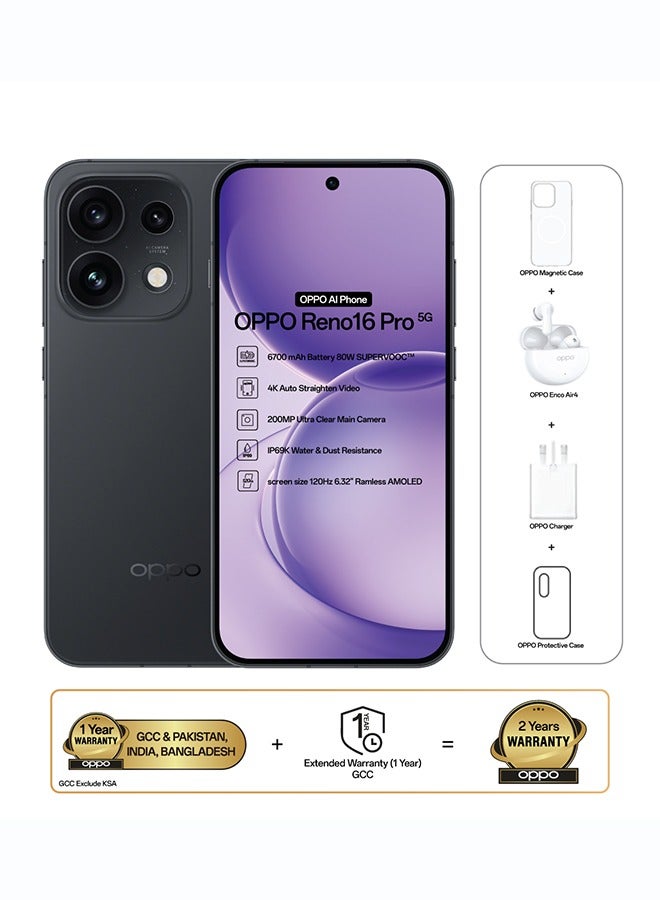 OPPO Reno16 Pro AI Phone Dual SIM 5G Staright Black 12GB RAM 512GB With OPPO Enco Air4 + OPPO Magnetic Case - Middle East Version - Image 1