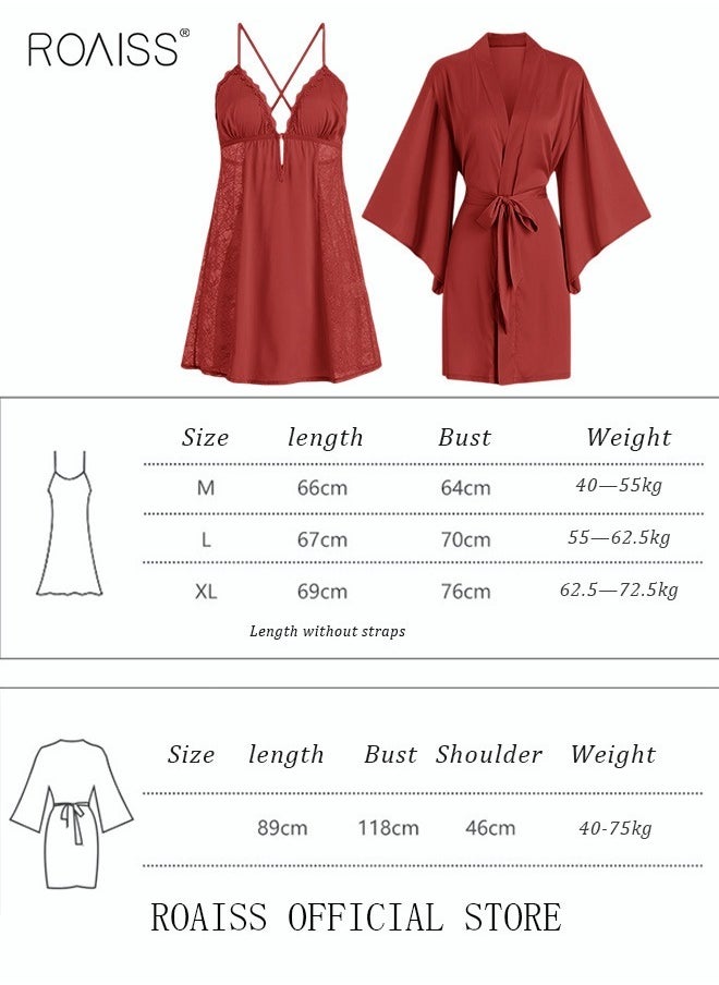 roaiss - 2 Piece Nightgown Set Women's Sweet Halter Nightdress Lace Lingerie Sleepwear Home Dress Set Romantic Elegant Pajama Ladies Spring Autumn Robe Loungewear - Image 1