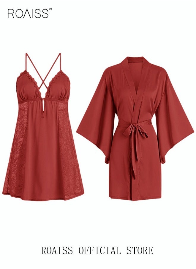 roaiss - 2 Piece Nightgown Set Women's Sweet Halter Nightdress Lace Lingerie Sleepwear Home Dress Set Romantic Elegant Pajama Ladies Spring Autumn Robe Loungewear - Image 1