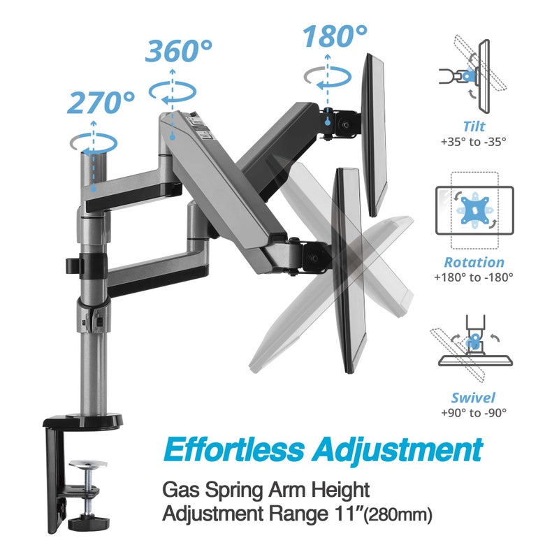 AVLT Dual 13"-27" Stacked Monitor Arm Desk Mount fits Two Flat/Curved Monitor Full Motion Height Swivel Tilt Rotation Adjustable Monitor Arm - VESA/C-Clamp/Grommet/Cable Management - Image 3
