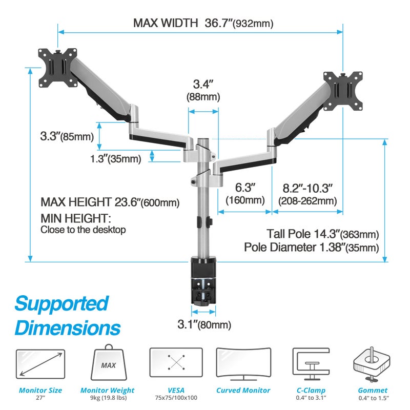 AVLT Dual 13"-27" Stacked Monitor Arm Desk Mount fits Two Flat/Curved Monitor Full Motion Height Swivel Tilt Rotation Adjustable Monitor Arm - VESA/C-Clamp/Grommet/Cable Management - Image 2