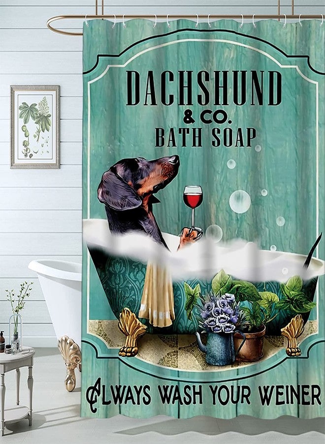 Famiffty Dog Shower Curtain,Funny Shower Curtains 72Wx72L Inch Dachshund Shower Curtain Bath Soap Wash Your Paws Fun Ocean Teal Green Bathtub Vintage Wood Waterproof Polyester Fabric 12 Plastic Hooks - Image 1