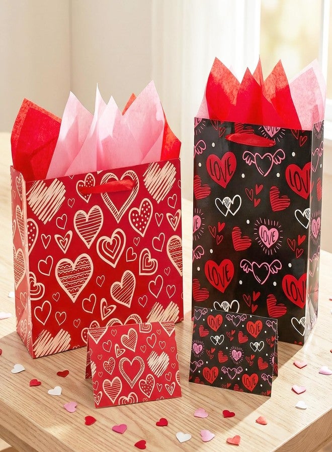 Actilize 13" Valentine's Day Gift Bags 2-Pack with Cards & Tissue Papers - Red Heart Themed Gift Bag Set for for Valentines Day, Galentines Day, Mother's Day, Father's Day, Anniversary (Red&Black) - Image 1