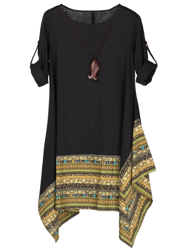 Minibee Womens Ethnic Cotton Linen Long Sleeves Irregular Dress 2XL ZLong SleeveBlack