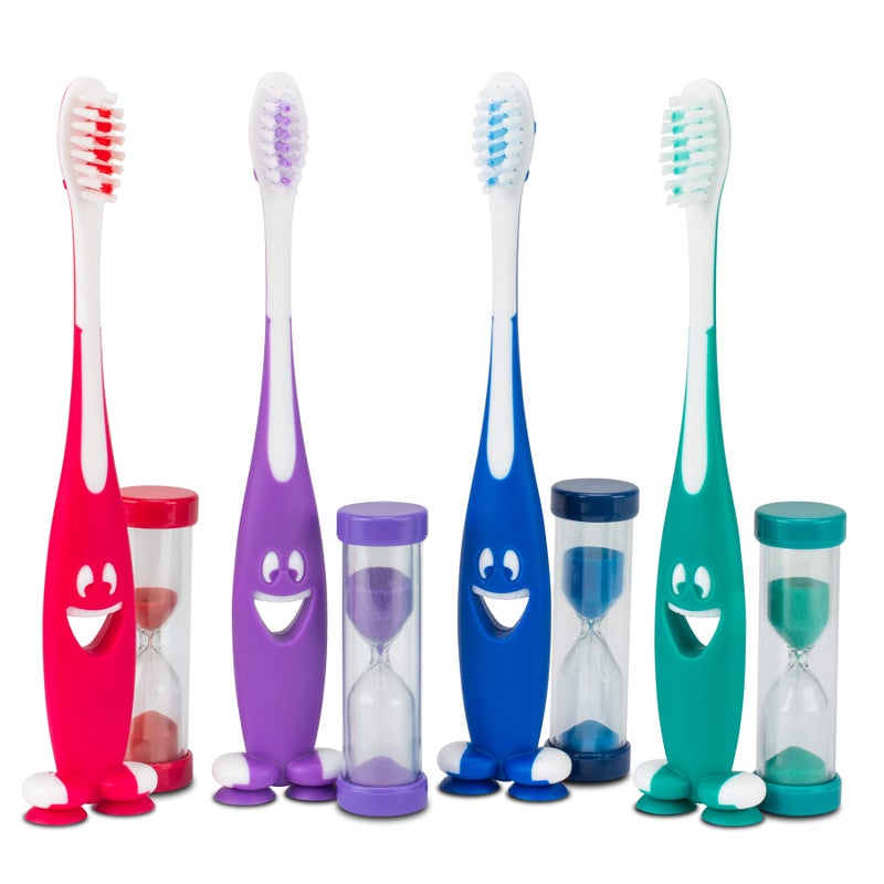 Brushn Time Toothbrush Kit for Ages 38 Child Toothbrush 22 Tuft Soft Bristle With Suction Cup Base Timer 72 Individually Packaged Premium Toothbrushes Assorted Colors Bulk Pack