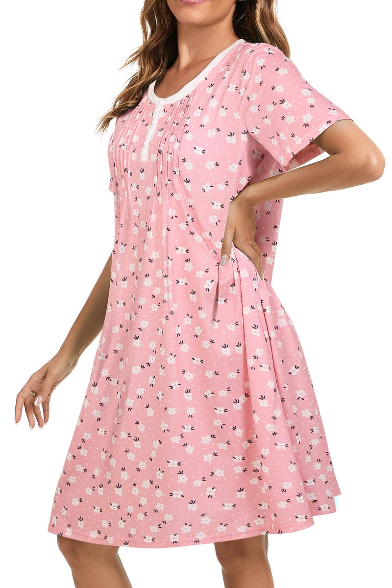 AVIIER Nightgowns for Women Soft Cotton Night Gowns Short Sleeve Sleepwear Comfy Night Shirts Pink Floral L - Image 3