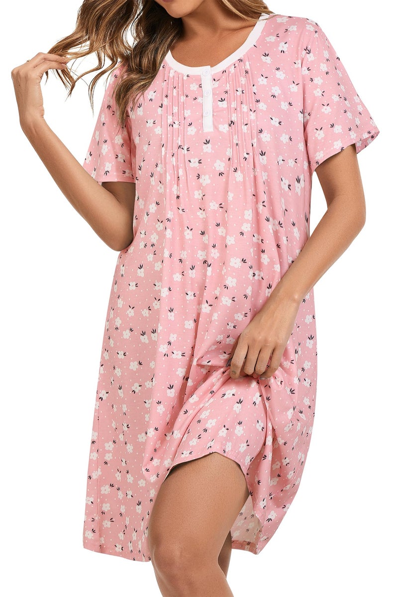 AVIIER Nightgowns for Women Soft Cotton Night Gowns Short Sleeve Sleepwear Comfy Night Shirts Pink Floral L - Image 1