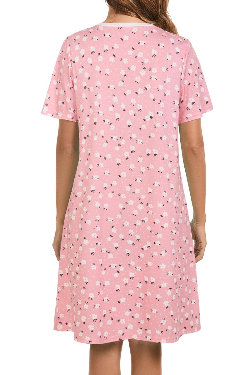 AVIIER Nightgowns for Women Soft Cotton Night Gowns Short Sleeve Sleepwear Comfy Night Shirts Pink Floral L - Image 4