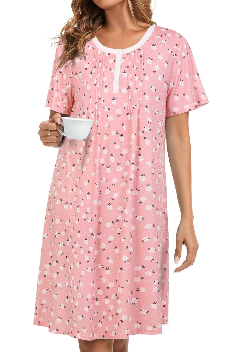 AVIIER Nightgowns for Women Soft Cotton Night Gowns Short Sleeve Sleepwear Comfy Night Shirts Pink Floral L - Image 2
