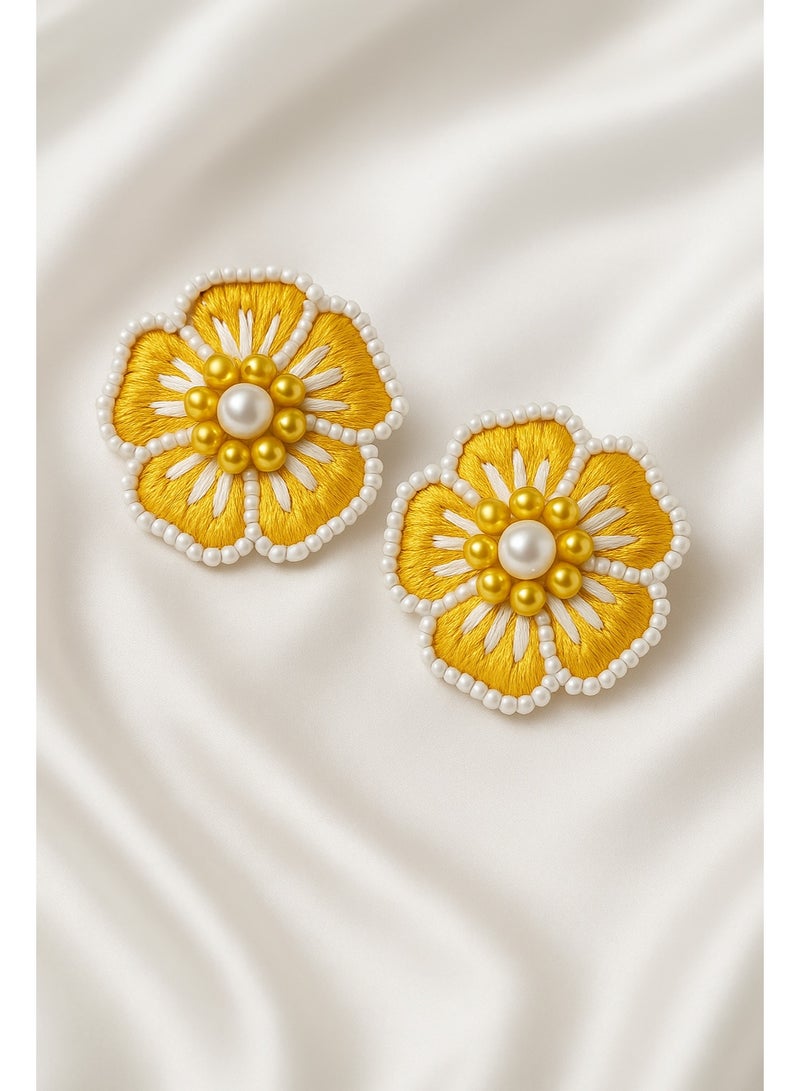 Ready For Chai Handmade Floral Embroidered Statement Earrings – Elegant Party & Ethnic Jewelry- Yellow