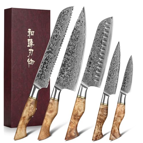 HEZHEN Damascus Kitchen Knives Set, Damascus Steel Japanese Style Chef Knife Utility Knife Santoku Knife,Figured Sycamore Wood Handle - Image 1