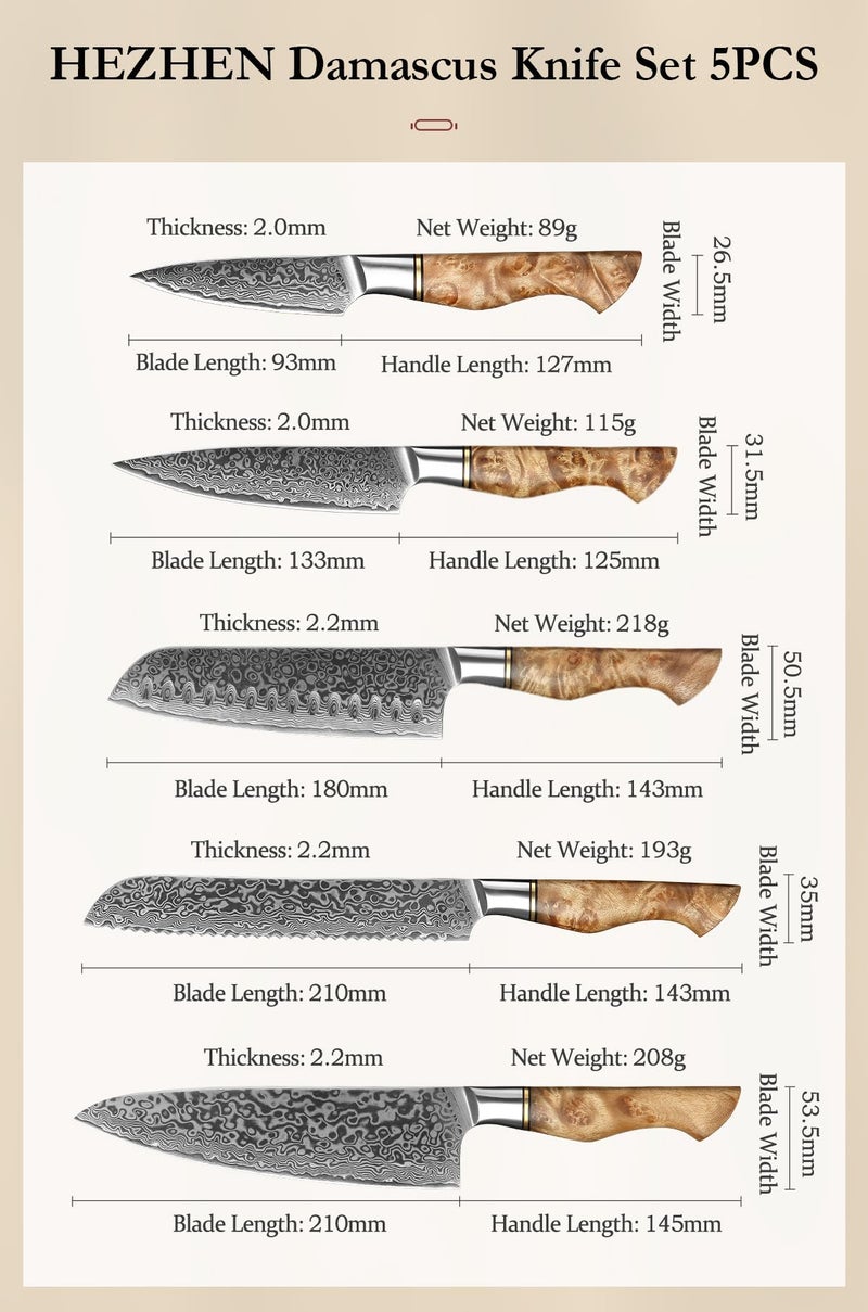HEZHEN Damascus Kitchen Knives Set, Damascus Steel Japanese Style Chef Knife Utility Knife Santoku Knife,Figured Sycamore Wood Handle - Image 4