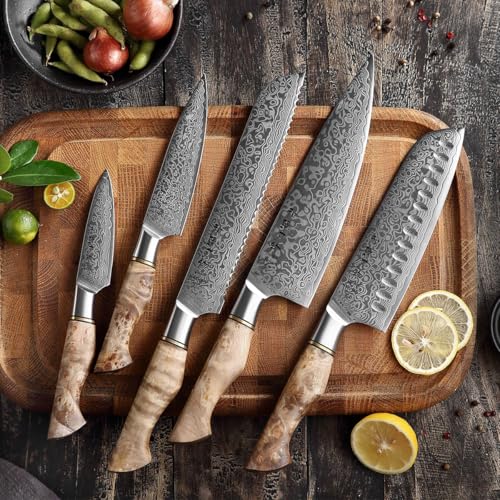HEZHEN Damascus Kitchen Knives Set, Damascus Steel Japanese Style Chef Knife Utility Knife Santoku Knife,Figured Sycamore Wood Handle - Image 5