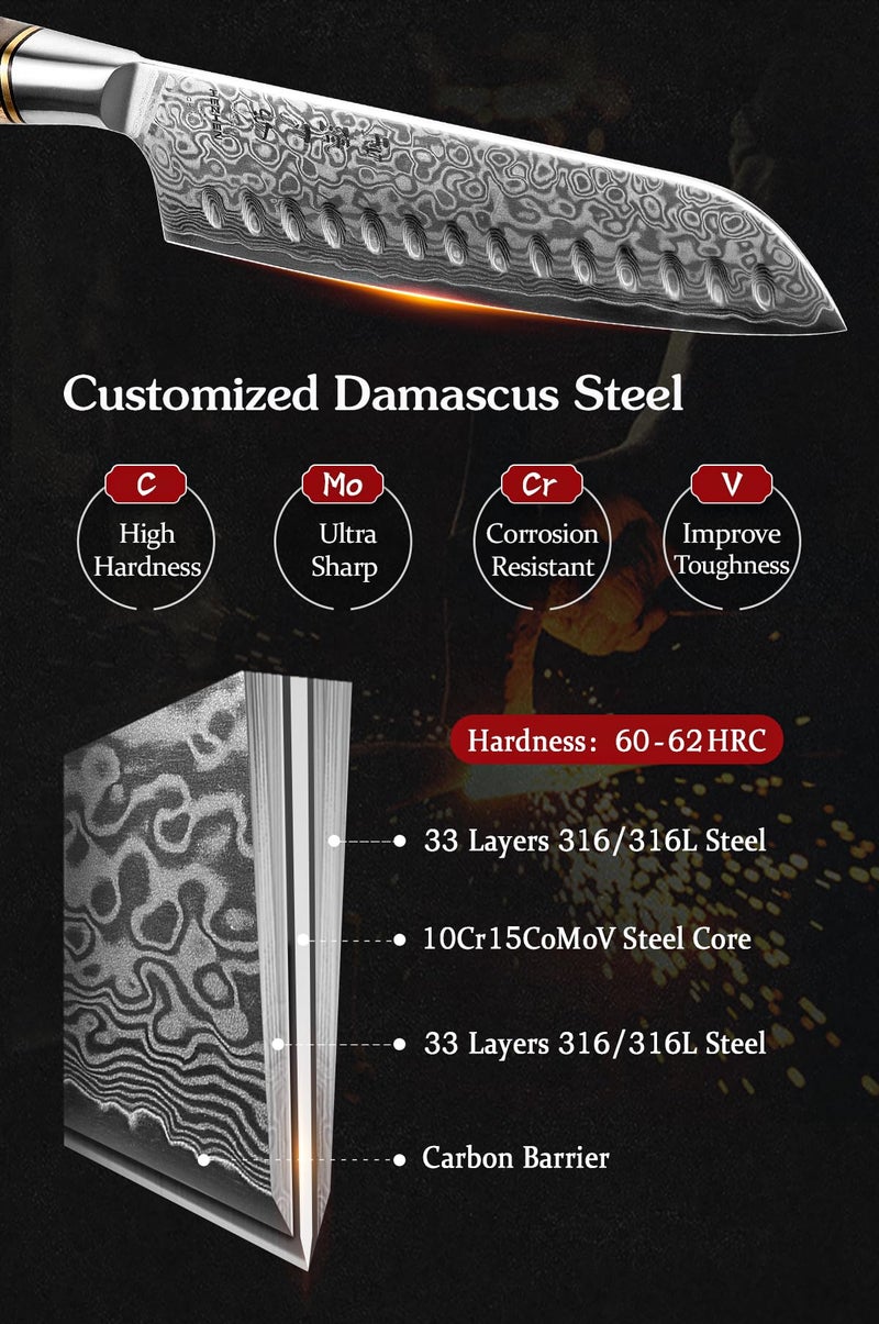 HEZHEN Damascus Kitchen Knives Set, Damascus Steel Japanese Style Chef Knife Utility Knife Santoku Knife,Figured Sycamore Wood Handle - Image 3