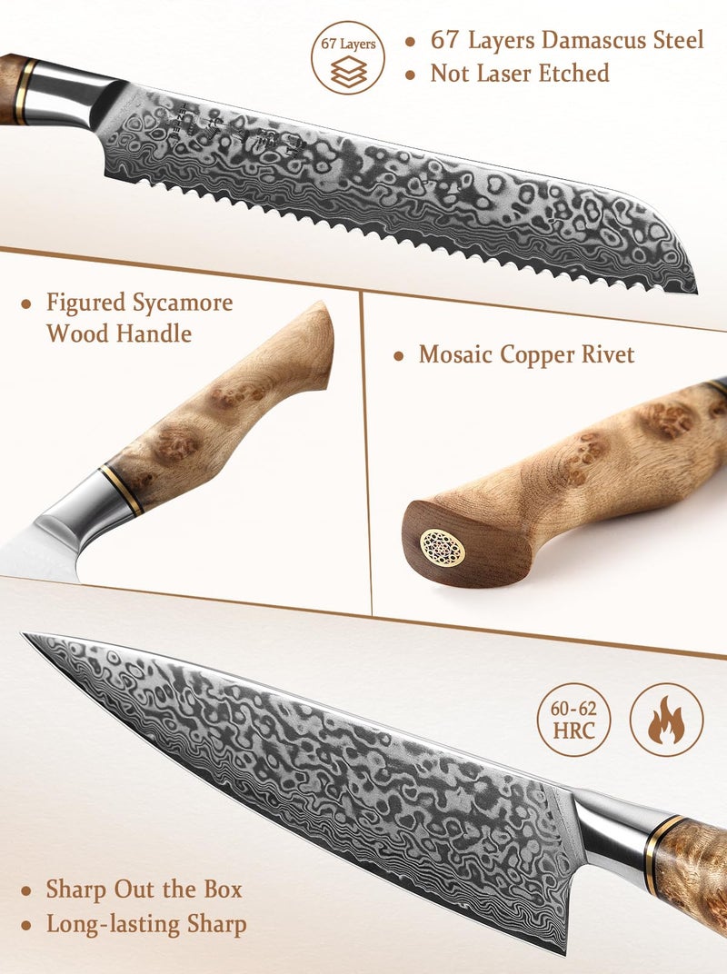 HEZHEN Damascus Kitchen Knives Set, Damascus Steel Japanese Style Chef Knife Utility Knife Santoku Knife,Figured Sycamore Wood Handle - Image 2