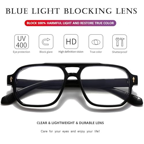 PORADAY Blue Light Blocking Glasses for Women Men 70s Retro Square Aviator Eyeglasses Rectangle Computer Eyewear(Black) - Image 5