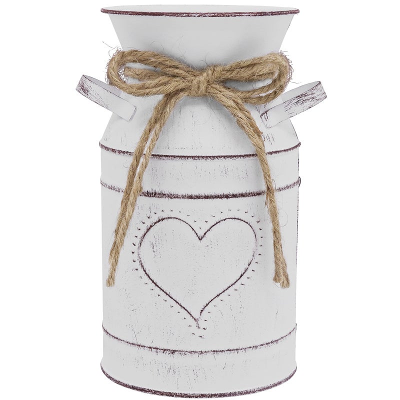Soyizom Vintage Metal Flower Bucket Heart Vase Farmhouse Decor with Handle French White Galvanized Finish Milk Jug Shabby Chic Metal Flower Jug for Rustic Home Decoration