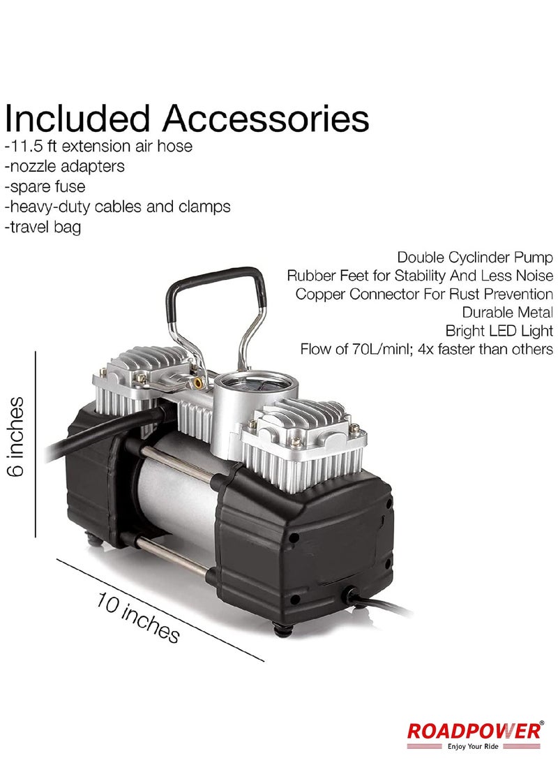 RoadPower - Portable Double Cylinder Air Compressor Tire Inflator 12V Compact Air Pump For Car Tires 150 PSI Heavy Duty Metal Tire Pump For SUV Off Road Trailer Truck Bike Air Bed - Image 1
