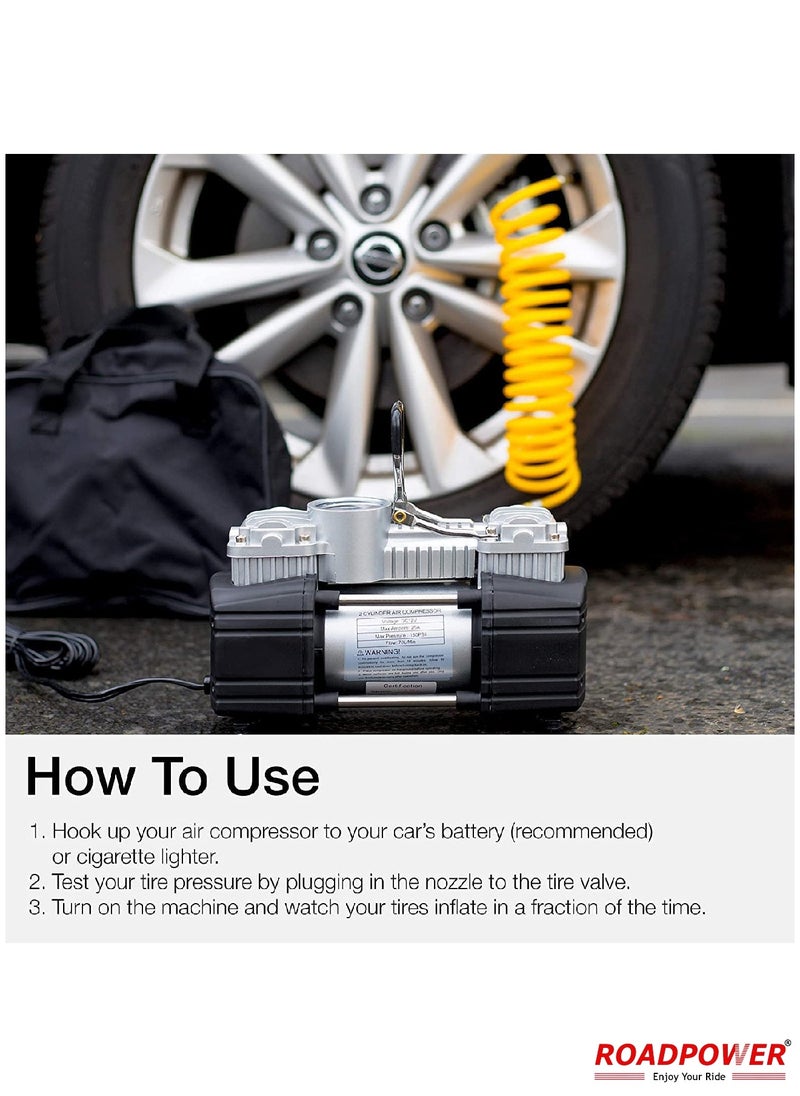 RoadPower - Portable Double Cylinder Air Compressor Tire Inflator 12V Compact Air Pump For Car Tires 150 PSI Heavy Duty Metal Tire Pump For SUV Off Road Trailer Truck Bike Air Bed - Image 1