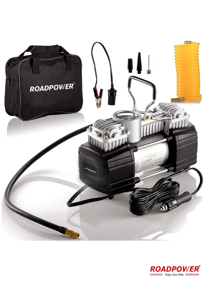 RoadPower - Portable Double Cylinder Air Compressor Tire Inflator 12V Compact Air Pump For Car Tires 150 PSI Heavy Duty Metal Tire Pump For SUV Off Road Trailer Truck Bike Air Bed - Image 1
