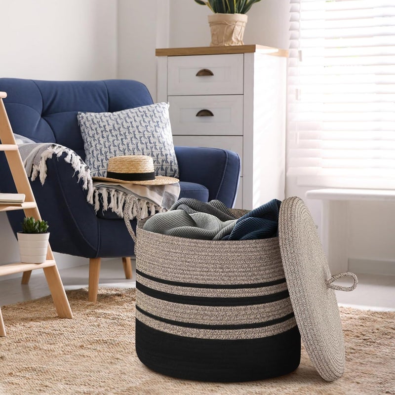 HONCESTA Extra Large Woven Basket with Lid, 18" X 14" Wicker Blanket Storage Basket Living Room, Tall Rope Storage Baskets for Toys, Decorative Kids Toy Bin Box with Cover, Baby Laundry Basket Hamper - Image 5